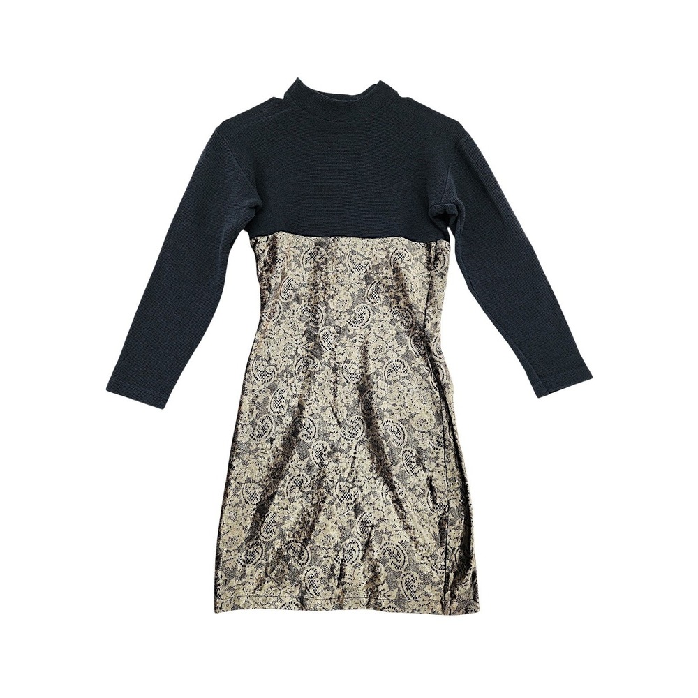 Vtg Terazzo Dress S* Black Gold Paisley Velvet Mock Neck 90s Italian Whimsigoth